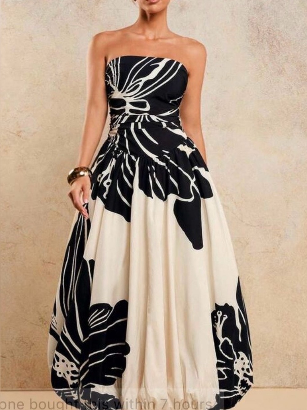 Strapless Black and Cream Floral Maxi Dress - Elegant Evening Gown